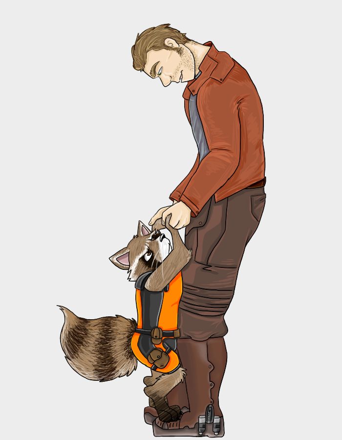 brown_fur brown_hair clothed clothing dontbeazombie duo fur guardians_of_the_galaxy hair mammal multicolored_fur multicolored_tail opaque_background peter_quill raccoon rocket_raccoon striped_tail