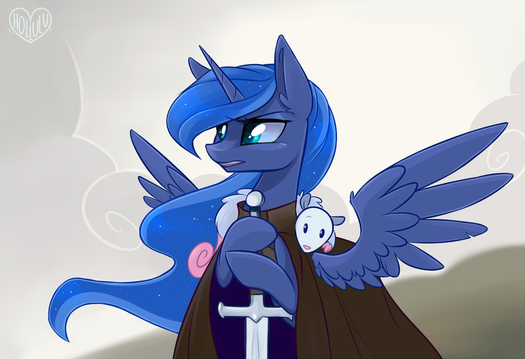 2016 blue_hair cape clothing cloud duo equine feathered_wings feathers female feral friendship_is_magic game_of_thrones hair hollulu horn long_hair mammal marsupial melee_weapon my_little_pony opossum princess_luna_(mlp) spread_wings sword tiberius_(mlp) weapon winged_unicorn wings