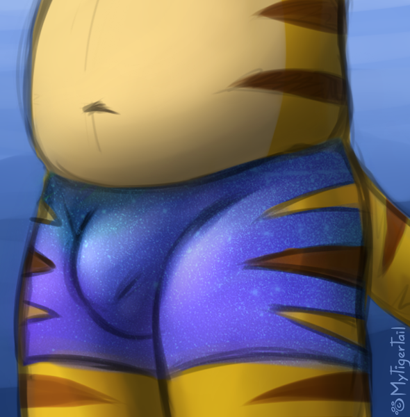 2016 anthro balls belly blue_background bulge chub clothed clothing digital_media_(artwork) faceless_male feline fur male mammal mytigertail navel simple_background slightly_chubby solo stripes tiger underwear