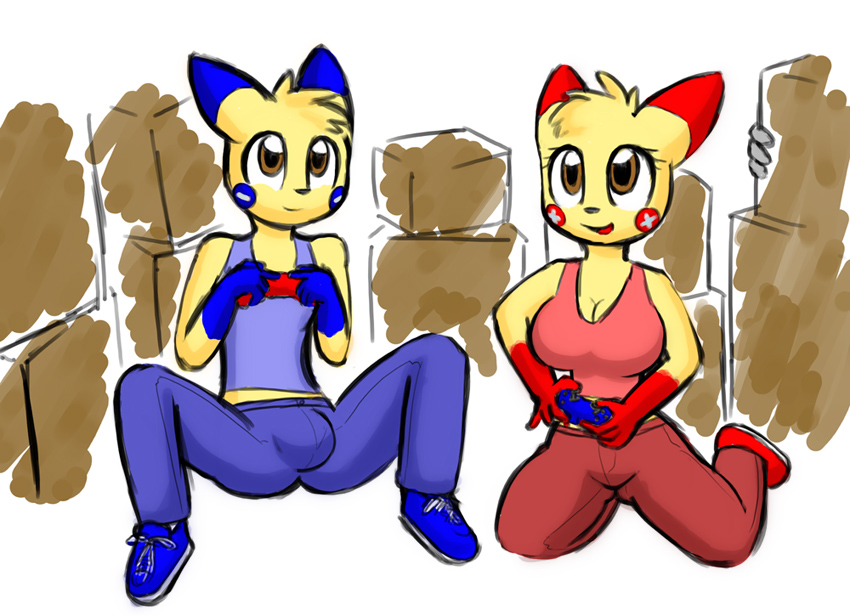 anthro big_breasts breasts bulge duo female glint male mammal milkjunkie minun nintendo norithics plusle pok&eacute;mon pok&eacute;morph simple_background spark video_games white_background