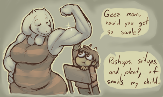 2016 boss_monster breasts dragon-chan female flexing human mammal muscular muscular_female protagonist_(undertale) slightly_chubby sparkle toriel undertale video_games