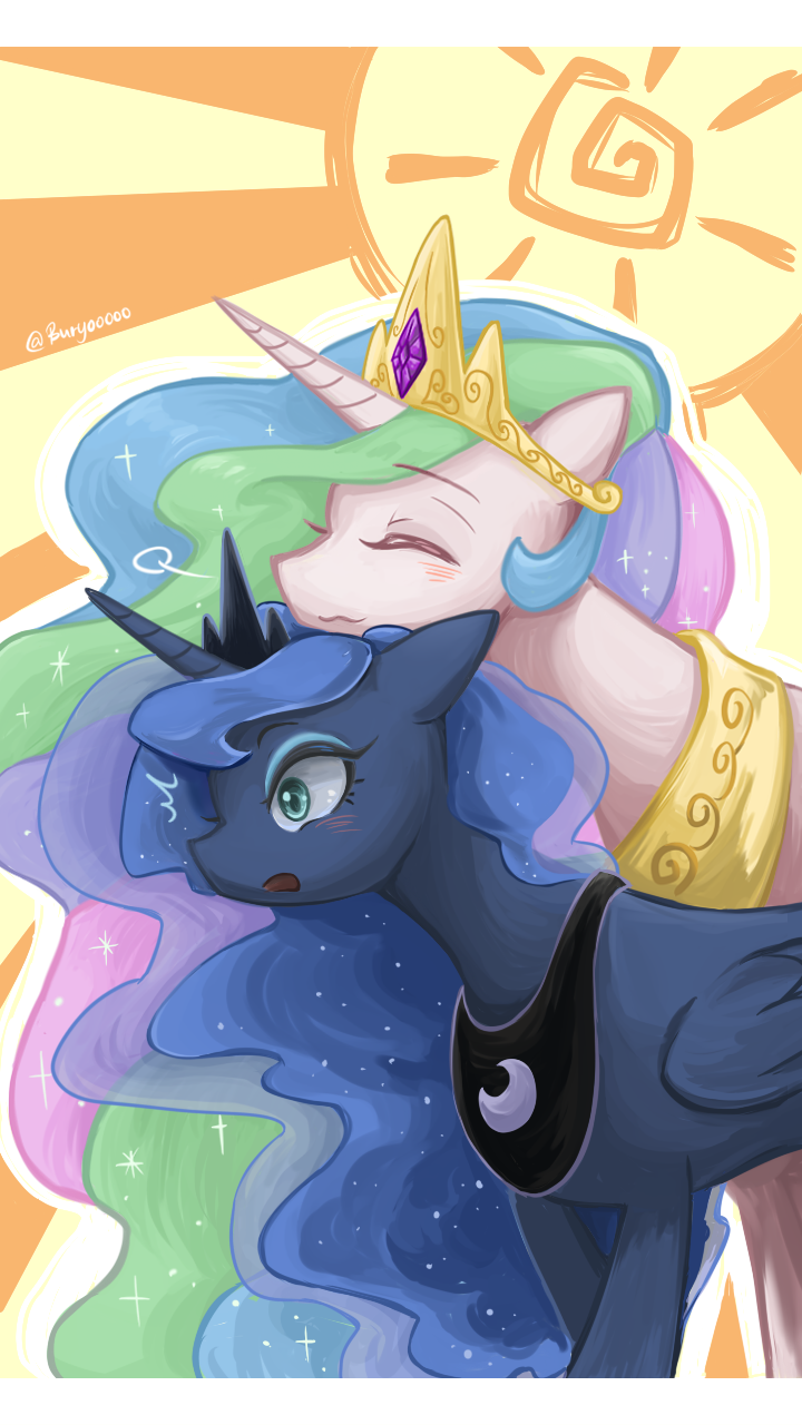 2016 blue_eyes blush buryooooo crown cute duo equine eyes_closed female feral friendship_is_magic hair hi_res horn jewelry long_hair mammal multicolored_hair my_little_pony necklace open_mouth princess_celestia_(mlp) princess_luna_(mlp) royalty sibling sisters surprise unicorn winged_unicorn wings