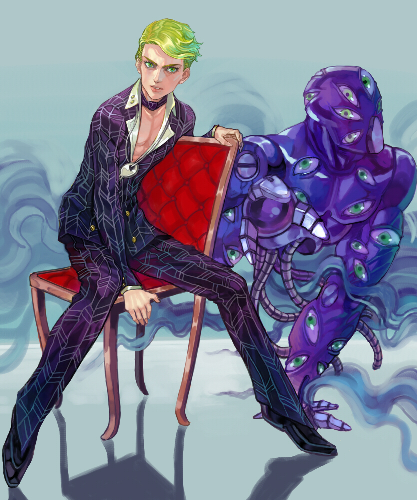blonde_hair chair chest formal green_eyes jewelry jojo_no_kimyou_na_bouken male_focus necklace pants prosciutto shoes sitting sitting_sideways stand_(jojo) suit the_grateful_dead_(stand) touge_(kubiwa_tsuki)