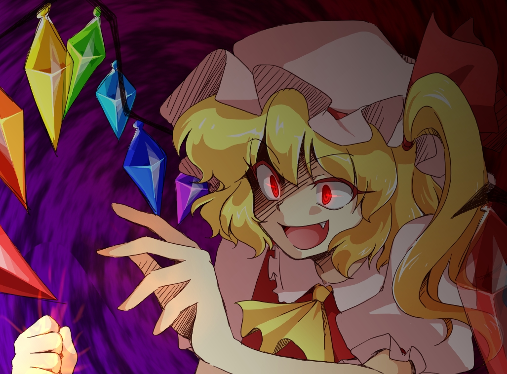 bad_id bad_pixiv_id blonde_hair clenched_hand crazy fang flandre_scarlet glowing glowing_eyes hanjuku_tomato hat red_eyes solo touhou wings