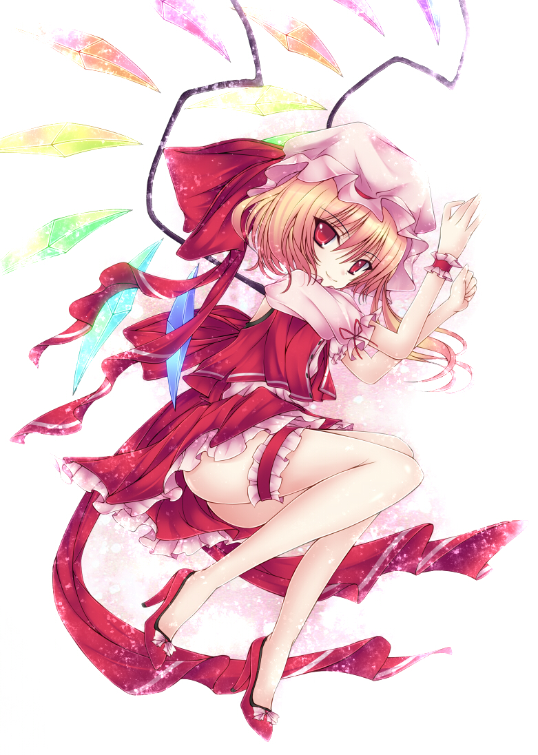bad_id bad_pixiv_id blonde_hair flandre_scarlet lying mikan_(5555) red_eyes smile solo touhou wings