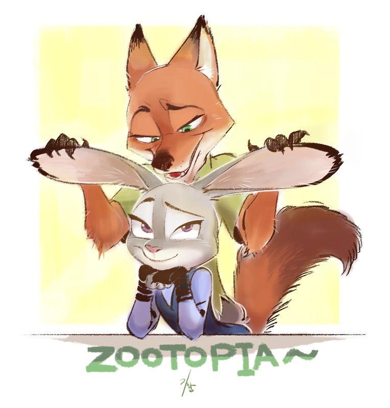 anthro canine clothed clothing cute disney duo female flat_chested fox fur ganym0 green_eyes grey_fur judy_hopps lagomorph long_ears male mammal nick_wilde orange_fur police_uniform purple_eyes rabbit smile tight_clothing uniform zootopia