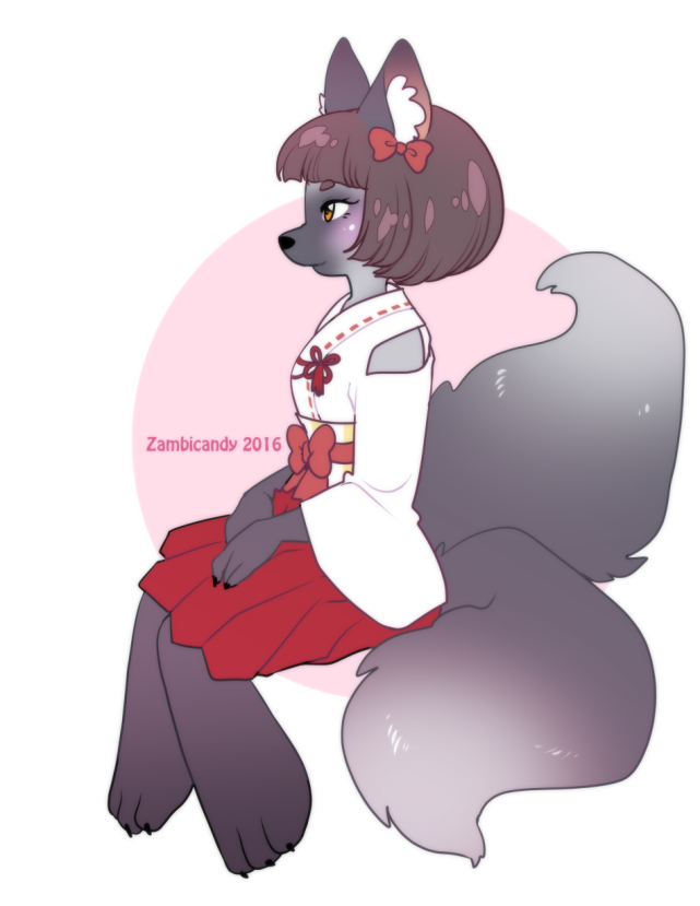 2016 2_tails blush bow brown_eyes canine chibi clothed clothing digitigrade dress female fox fur grey_fur hair machiko_nakamura mammal multi_tail multiple_tails randochris short_hair simple_background sitting skirt smile solo zambicandy