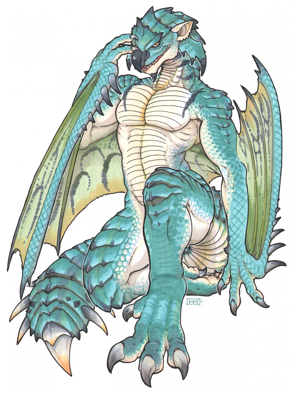 2016 anthro anthrofied azure_rathalos biceps black_scales blue_scales capcom claws covering english_text flying_wyvern hi_res iggi looking_at_viewer male marker_(artwork) membranous_wings monster_hunter muscular navel nude open_mouth orange_eyes pecs rathalos scales scalie sharp_teeth signature simple_background solo spikes teeth text toe_claws traditional_media_(artwork) video_games white_background white_scales wings wyvern