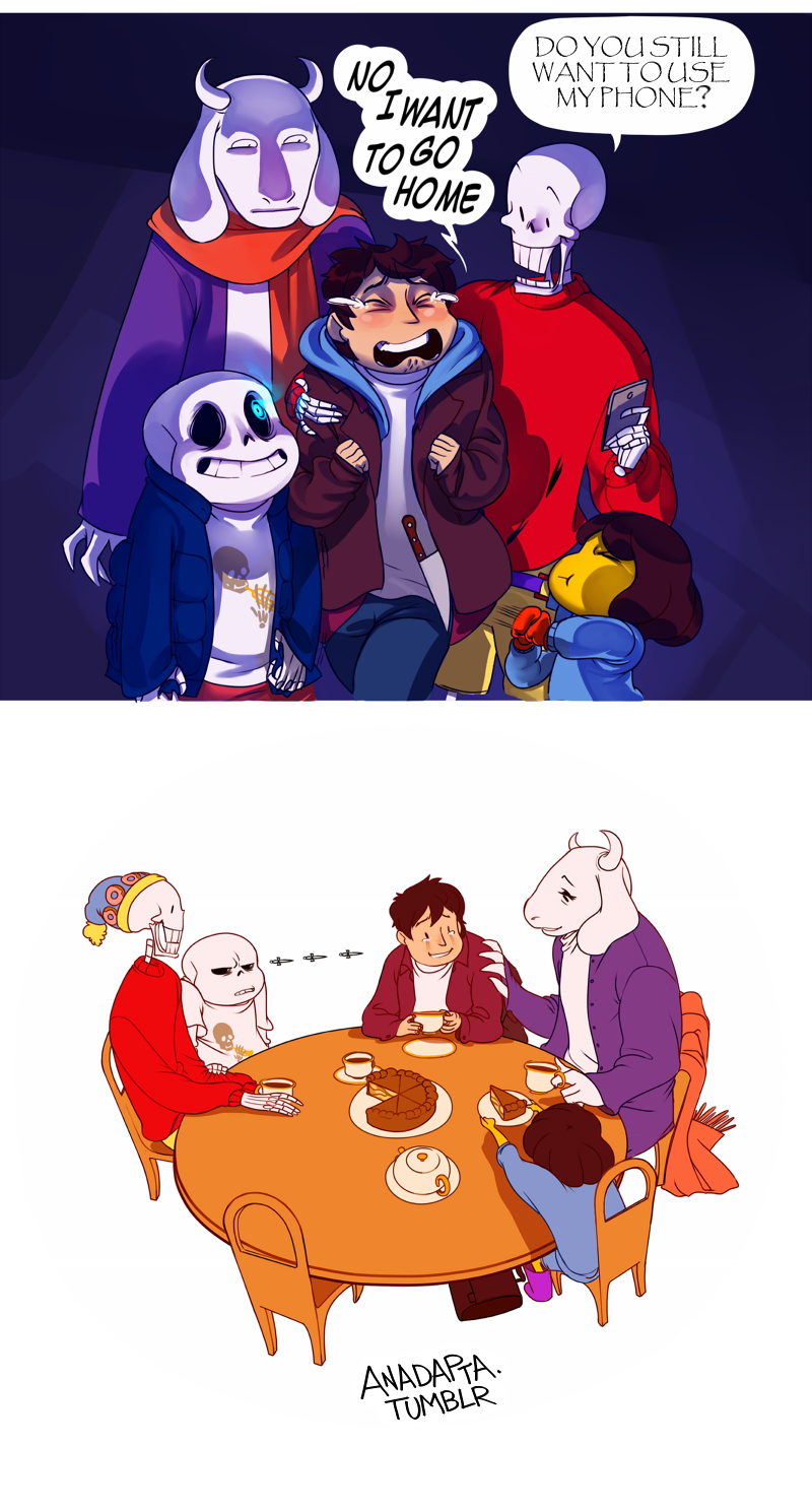 3boys :t alternate_costume anadapta androgynous brown_hair cellphone comic commentary crying dagger english extra fighting_stance food frisk_(undertale) gangster glaring gloves glowing glowing_eye goat_girl highres hood hoodie horns knife monster_girl multiple_boys nervous_smile papyrus_(font) papyrus_(undertale) phone pie sans scarf skeleton streaming_tears sweater tea teapot tears toriel undertale weapon