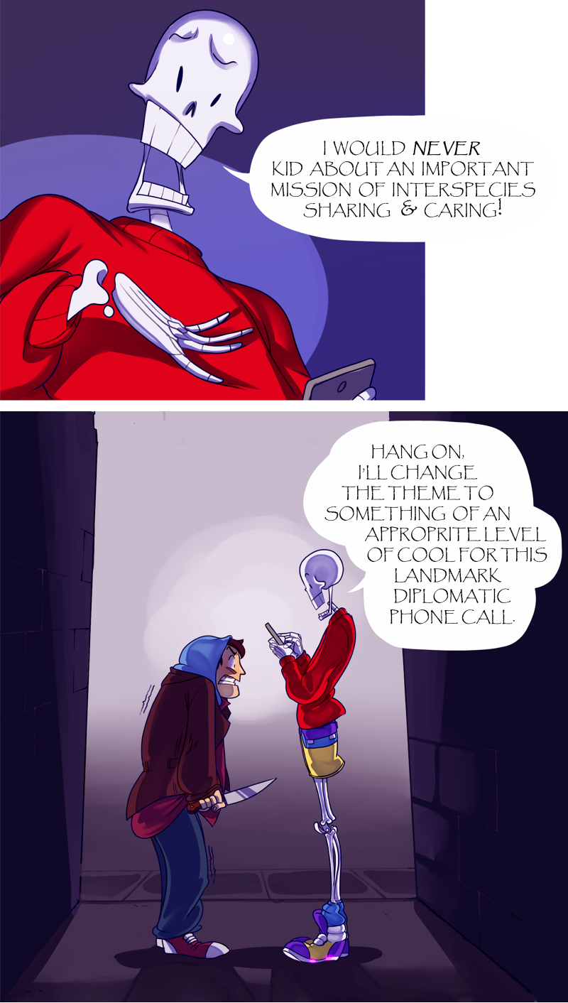 alley anadapta cellphone comic crazy_eyes english extra gangster highres hood hoodie knife multiple_boys papyrus_(font) papyrus_(undertale) phone skeleton sweater transparent_background trembling undertale