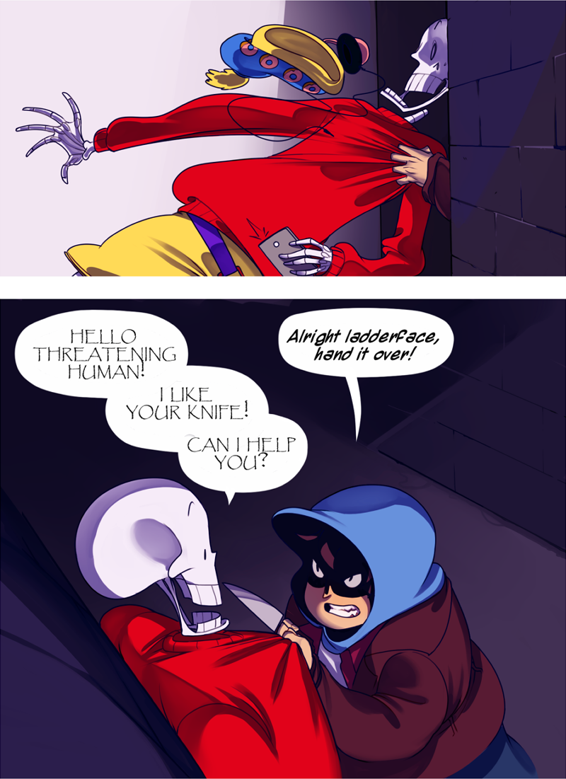 alley anadapta comic digital_media_player english extra gangster grabbing hat hat_removed headphones headwear_removed hood hoodie knife multiple_boys papyrus_(font) papyrus_(undertale) shaded_face skeleton undertale