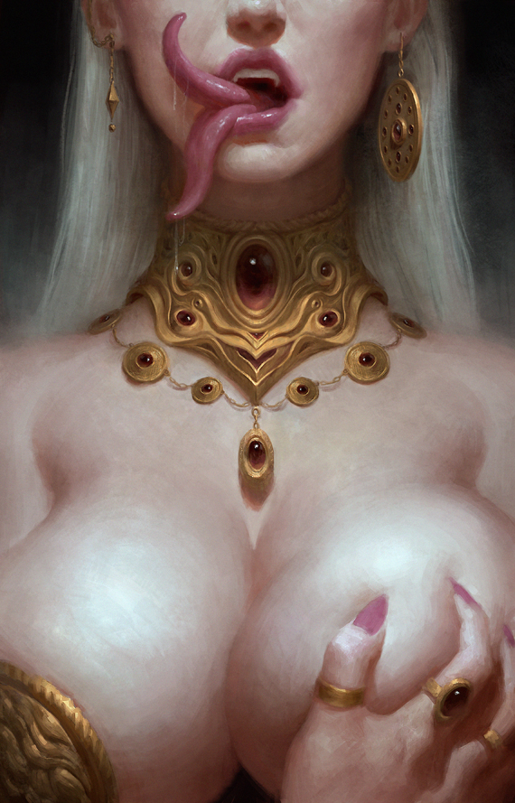 big_breasts breast_grab breasts female hair hand_on_breast jewelry monster monster_girl multi_tongue not_furry open_mouth solo tongue tongue_out unknown_artist white_hair