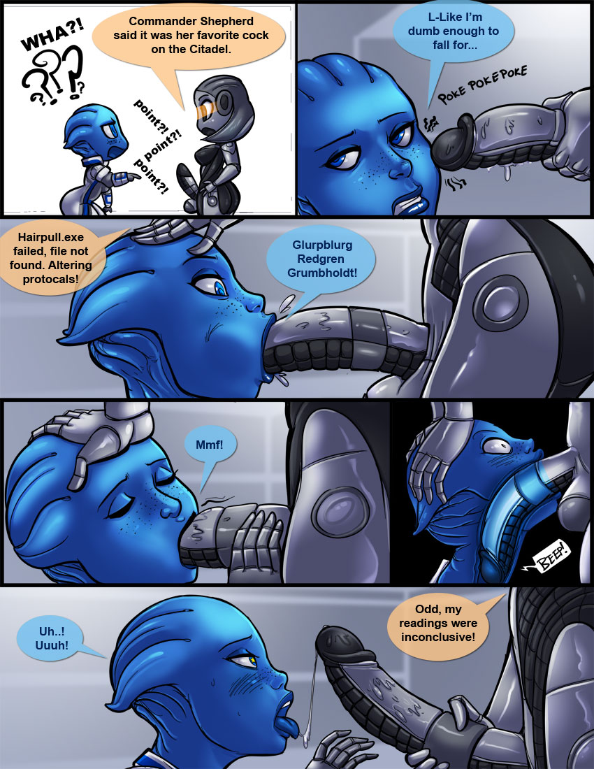 ? alien asari big_breasts blue_eyes breasts chibi clothing comic deep_throat dialogue duo edi_(mass_effect) english_text erection female freckles hand_on_head humanoid intersex intersex/female liara_t'soni machine mass_effect not_furry oral penis robot shia text tight_clothing video_games