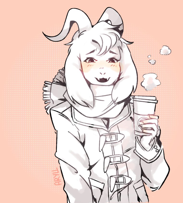 aryllins asriel_dreemurr beverage black_eyes blush boss_monster caprine claws clothing coat coffee cup fangs food fur goat happy looking_at_viewer male mammal scarf signature simple_background smile smoke solo standing starbucks undertale video_games white_fur