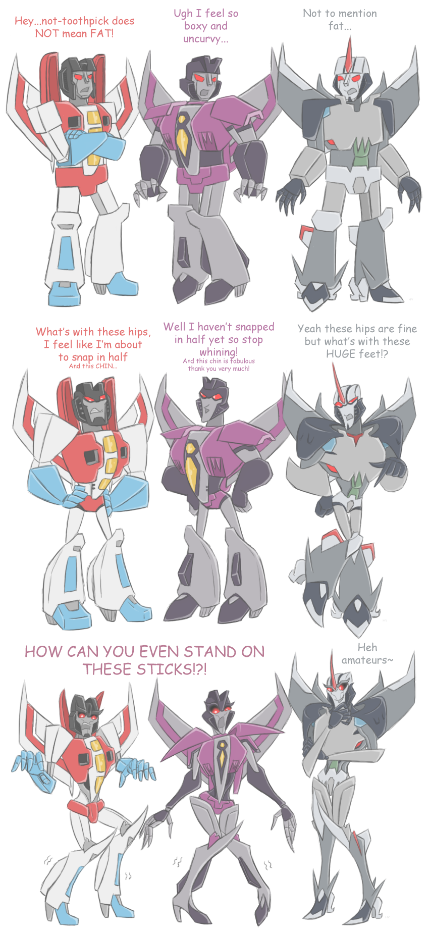 comic commentary dialogue digital_media_(artwork) english_text full-length_portrait group hi_res humanoid humor machine male open_mouth portrait rosey-raven simple_background starscream text transformers transformers_animated transformers_prime