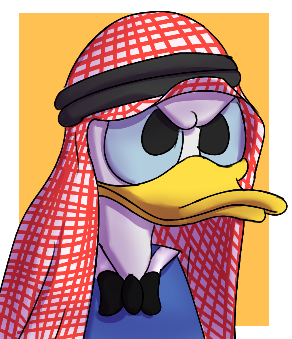 anthro avian beak border bust_portrait clothed clothing digital_media_(artwork) disney donald_duck glomiagui male portrait shemagh simple_background solo yellow_background