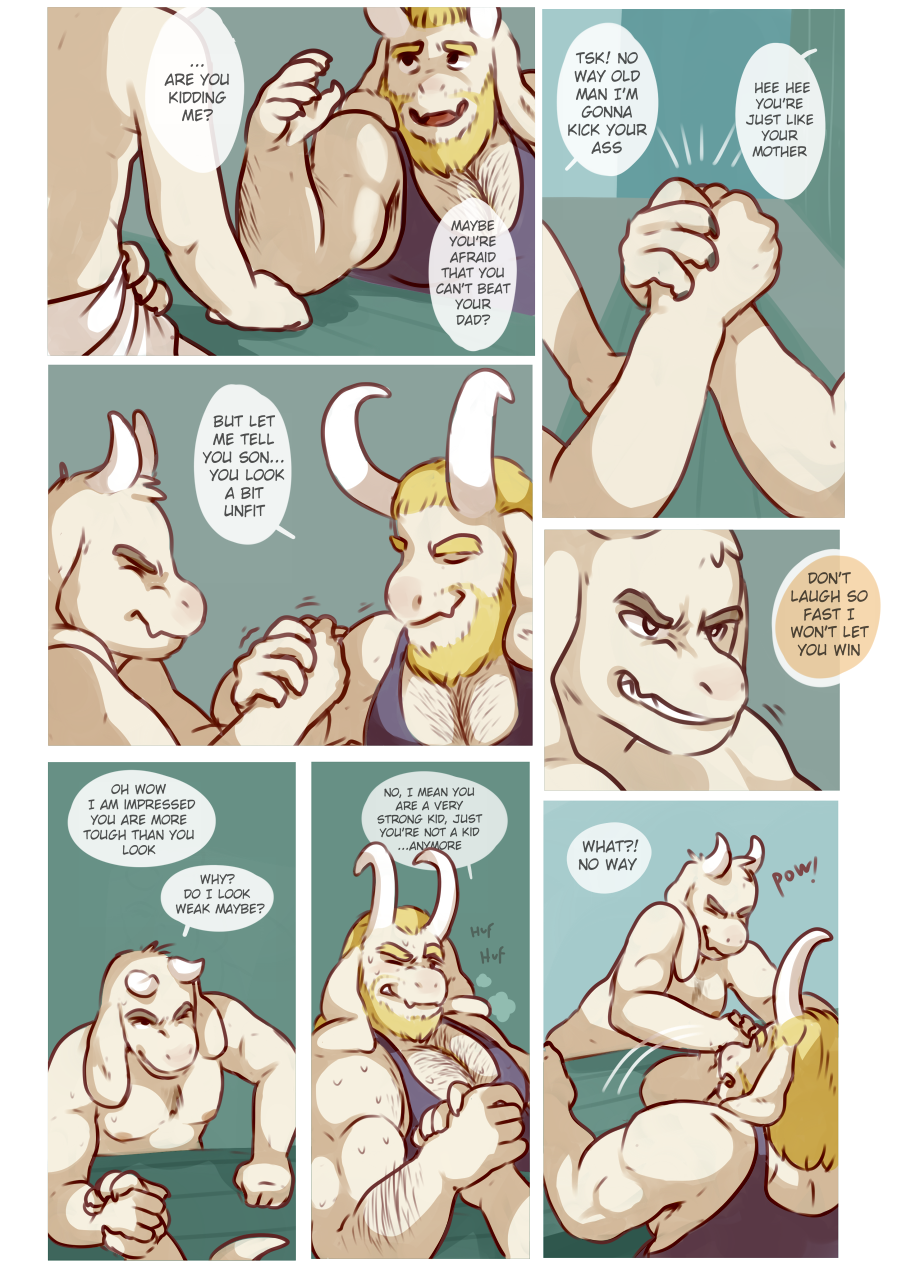 aged_up arm_wrestling asgore_dreemurr asriel_dreemurr body_hair caprine clothed clothing comic dialogue duo father father_and_son flexing glitter_trap_boy goat grin hi_res horn male mammal moobs musclegut muscular nipples parent shirt son straining sweat tank_top topless undertale video_games