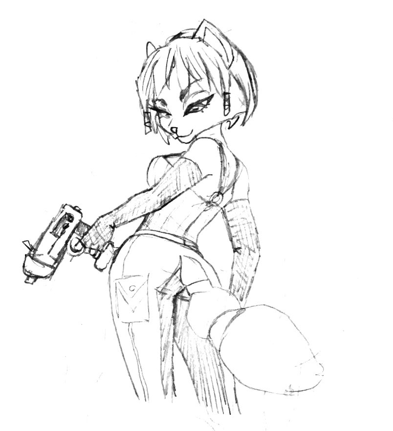 bare_shoulders blackby breasts butt canine clothed clothing elbow_gloves female fox gloves greyscale gun half-closed_eyes krystal looking_down mammal monochrome nintendo pants ranged_weapon solo star_fox tight_clothing video_games weapon wide_hips