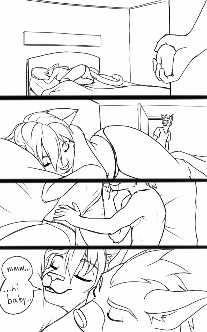 anthro bed black-kitten canine chad clothed clothing comic duo feline female fur hair hi_res lying male mammal monochrome sleeping topless underwear