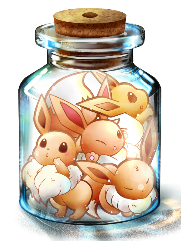 bottle catsbell cork eevee fur gen_1_pokemon hole in_container jar minimized no_humans pokemon pokemon_(creature)