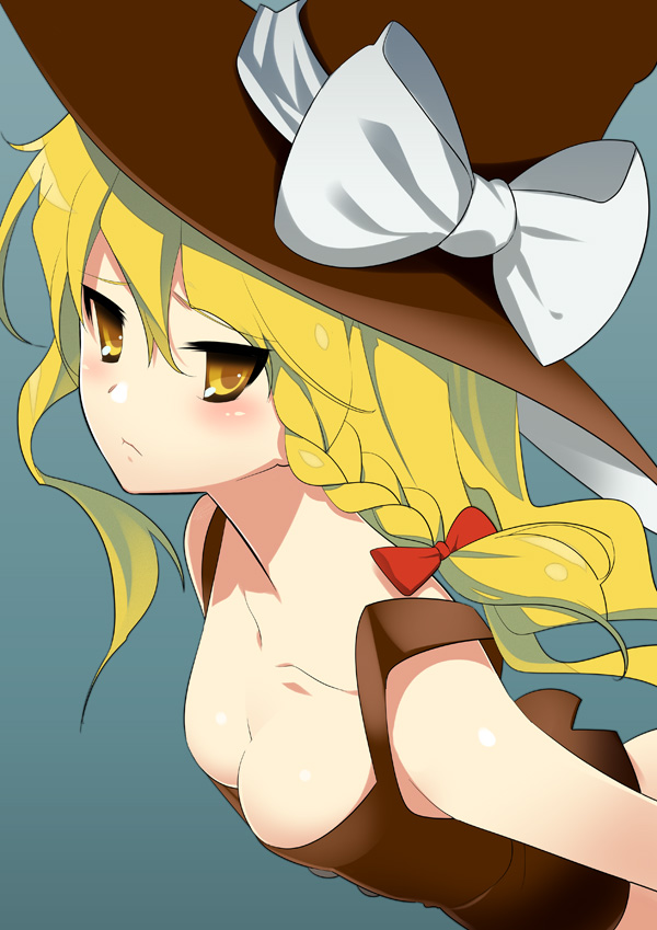 bare_shoulders blonde_hair braid breasts cleavage collarbone downblouse face hat kirisame_marisa long_hair medium_breasts ribbon solo touhou witch_hat yellow_eyes zpolice