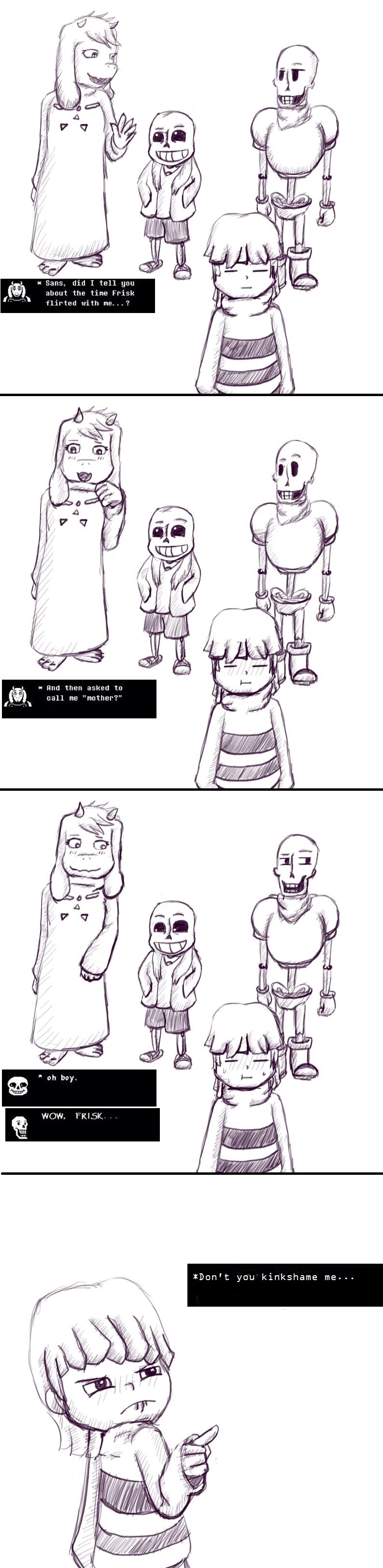 absurd_res animextremex awkward blush bone brothers caprine english_text goat grin hi_res human mammal monster papyrus_(undertale) protagonist_(undertale) sans_(undertale) shocked sibling skeleton surprise text toriel undertale video_games