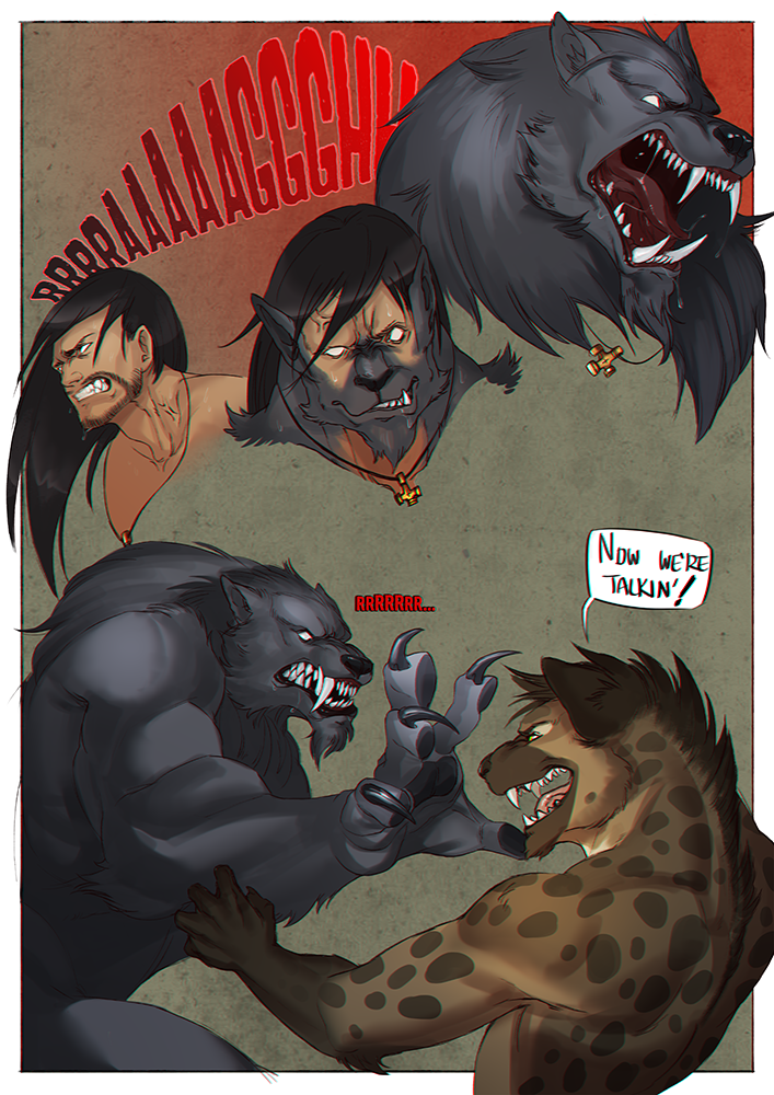 aestheticmachine anthro balls canine clothing dialogue dirt_iggler fight human hyena jewelry male male/male mammal necklace nude qzurr_(character) transformation were werewolf