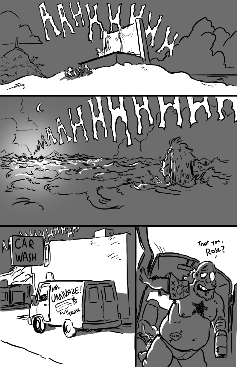 alcohol beverage bottle comic digital_drawing_(artwork) digital_media_(artwork) drunk food greg_universe group havesomemoore hi_res human mammal monochrome not_furry sadie_miller sea steven_universe van vehicle water yelling