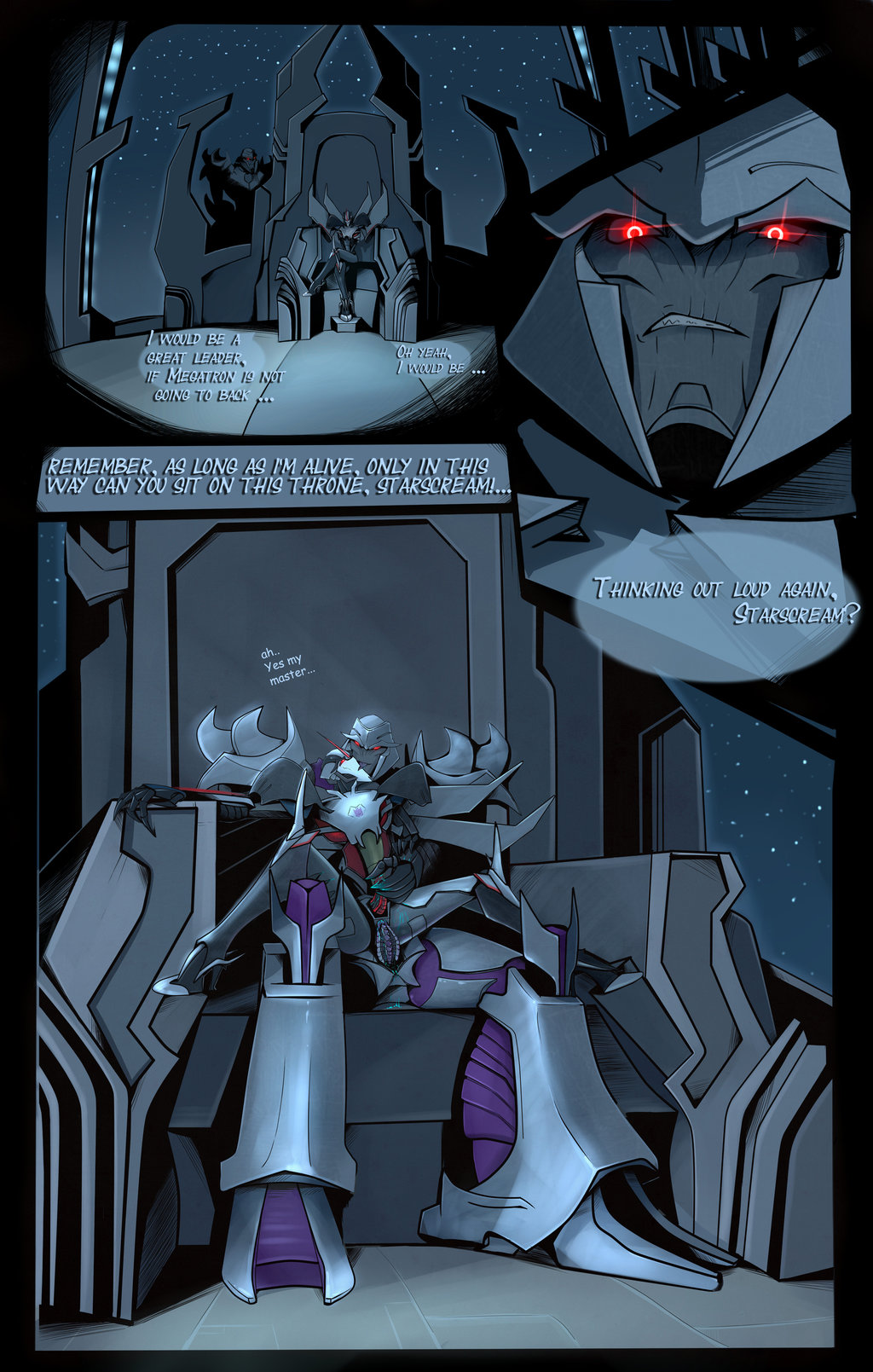 chair comic cum cum_inside dialogue digital_media_(artwork) duo english_text erection glowing glowing_eyes handjob hi_res humanoid machine male male/male megatron muscular night night_sky open_mouth penetration penis robot sex shamba999 simple_background sitting size_difference spread_legs spreading star starscream teeth text throne tongue tongue_out transformers transformers_prime