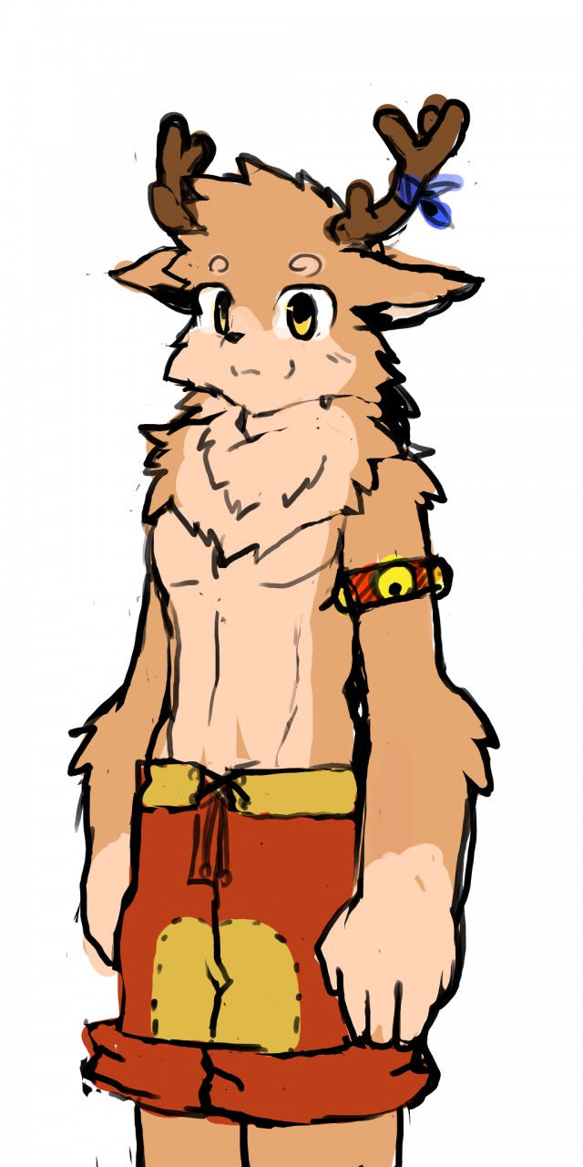anthro antlers armband cervine chest_tuft clothed clothing front_view hi_res horn jingle_bells looking_at_viewer male mammal reindeer rudolph shorts sketch solo standing topless tuft whiteleo