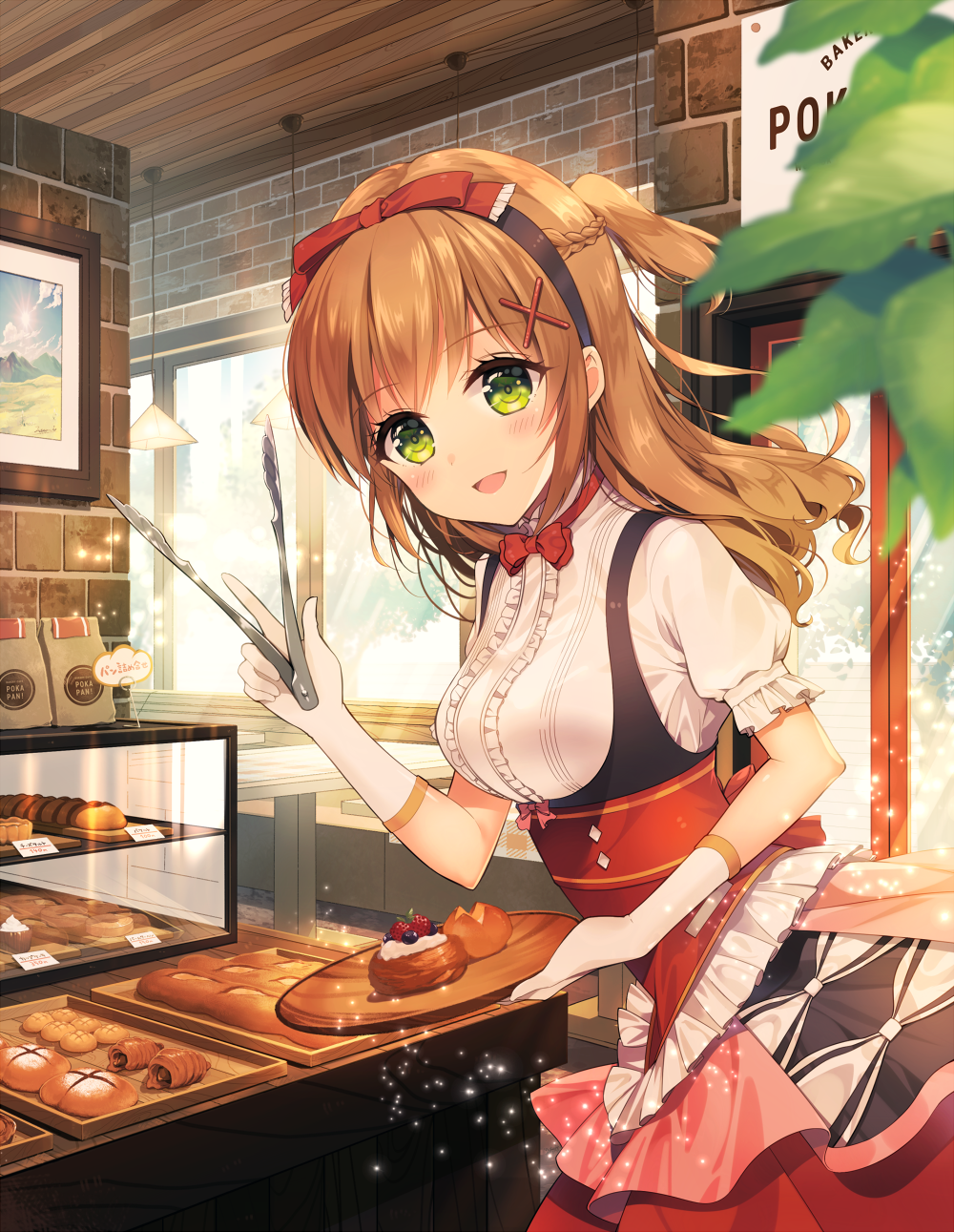 bad_id bad_pixiv_id bakery blueberry blush bow bowtie bread brick_wall croissant cupcake dress food fruit gloves green_eyes hair_ornament hairband highres holding indoors lamp light_brown_hair looking_at_viewer moe2016 necomi open_mouth original picture_(object) shop short_ponytail short_sleeves smile solo strawberry table tongs white_gloves window x_hair_ornament