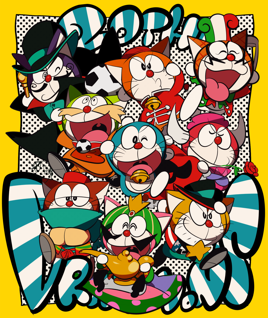apron baseball_cap bell belt belt_buckle black_eyes black_footwear black_hat bow bowtie bright_pupils brown_footwear buckle chef_hat chinese_clothes closed_mouth covered_mouth crossed_arms dora-nichov dora-rinho dora-the-kid dora_med_iii doraemon doraemon_(character) el_matadora everyone facial_hair fedora flower full_body hat holding holding_staff horns jingle_bell karabako ladle lamp long_sleeves looking_at_viewer looking_up mouth_hold mustache no_humans oil_lamp one_eye_closed open_mouth own_hands_together red_bow red_flower red_hat red_rose rose shoe_soles shoes sleeves_past_wrists smile staff the_doraemons tongue tongue_out top_hat uvula wang_dora whiskers white_apron