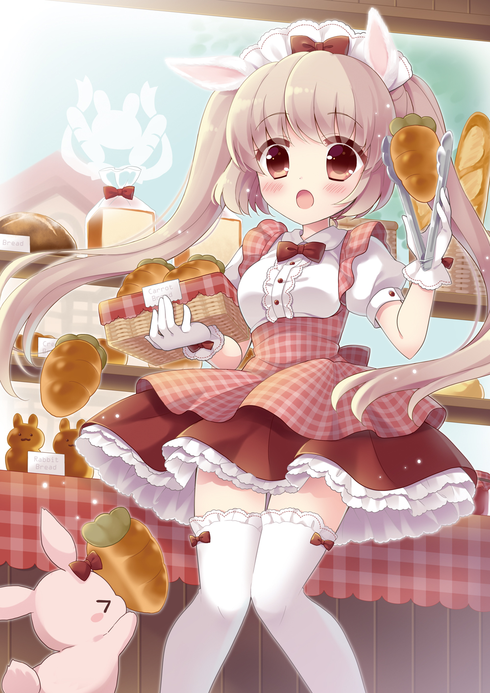 :o animal_ears apron bakery basket blush bow bow_legwear bowtie bread brown_eyes bunny bunny_ears dress english eyebrows_visible_through_hair food gloves highres hoshimame_mana lace lace-trimmed_thighhighs light_brown_hair long_hair looking_at_viewer moe2016 open_mouth original puffy_short_sleeves puffy_sleeves shop short_sleeves solo tareme thighhighs tongs twintails very_long_hair waist_apron white_gloves zettai_ryouiki