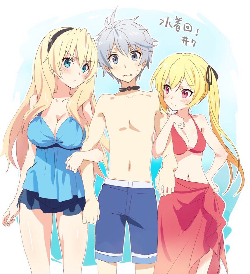 2girls arm_hug bikini blonde_hair blush breasts celistia_ralgris choker cleavage double_arm_hug girl_sandwich grey_eyes grey_hair hairband large_breasts lisesharte_atismata long_hair lux_arcadia male_swimwear multiple_girls navel one-piece_swimsuit pout saijaku_muhai_no_bahamut sandwiched sarong side_ponytail small_breasts swim_trunks swimsuit swimwear tokira_nozumi