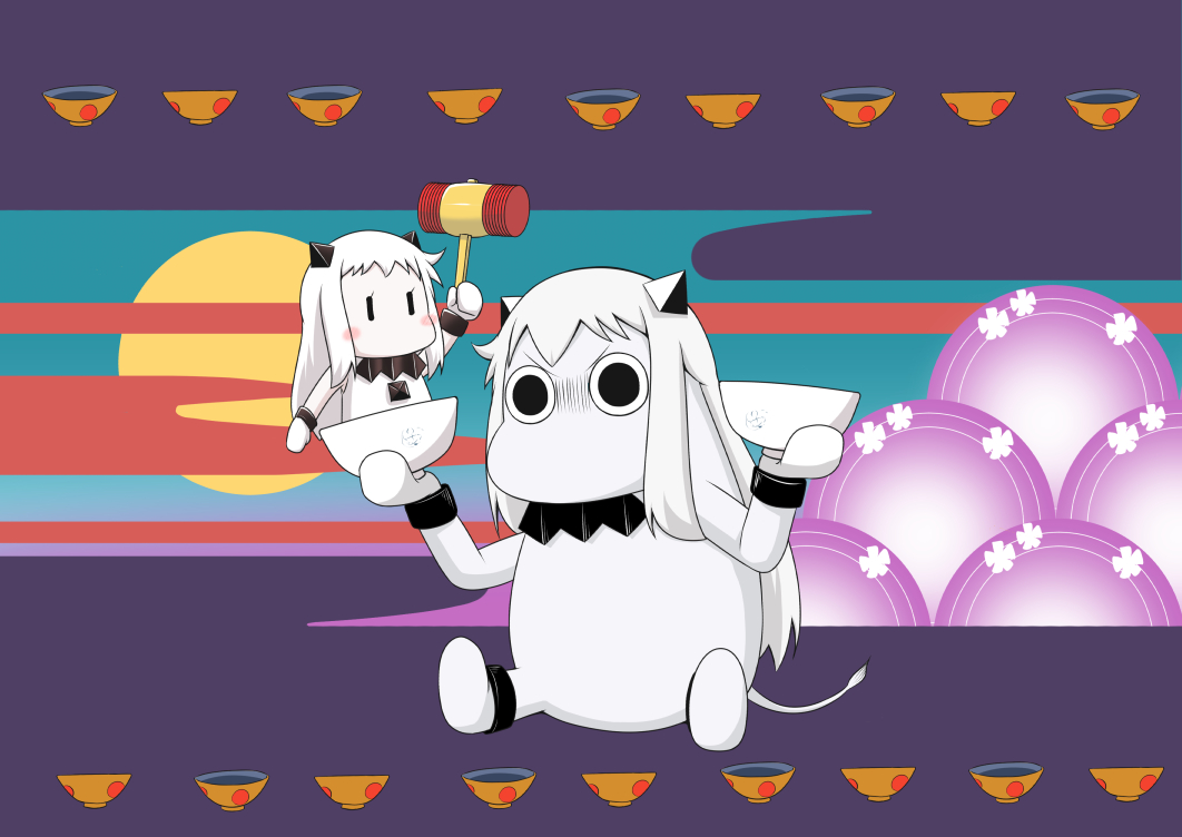 1girl blush_stickers bowl chibi commentary dress hammer holding horns kantai_collection kinnikuman long_hair mittens moomin muppo northern_ocean_hime parody piko_piko_hammer sazanami_konami shinkaisei-kan sitting tail white_dress white_hair white_skin yoshinoya_(restaurant) |_|