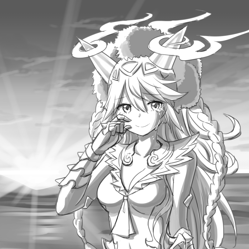 breasts greyscale long_hair looking_at_viewer medium_breasts monochrome puzzle_&amp;_dragons sakuya_(p&amp;d) smile solo tears zaxwu