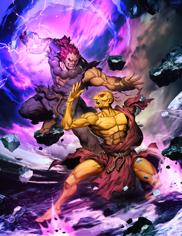 2boys abs aura barefoot battle beads capcom dark_skin energy_ball fang fighting_stance full_body genzoman glowing glowing_eyes gouki grin male_focus manly multiple_boys muscle official_art old_man oro oro_(street_fighter) pectorals prayer_beads red_eyes red_hair rope sandals smile street_fighter street_fighter_iii topknot yellow_skin