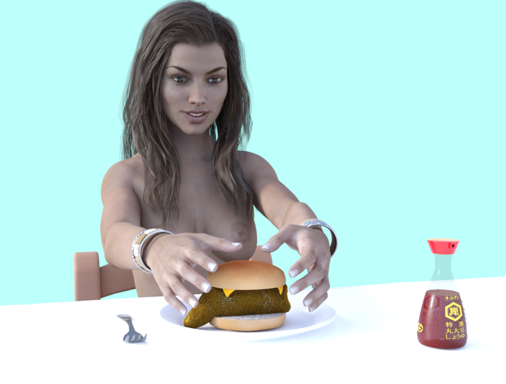 3d areolae breasts brown_eyes brown_hair caucasian cheese commentary digimonforever english_commentary food fork hamburger long_hair medium_breasts nipples non-asian nude original photorealistic plate render scat self_upload solo soy_sauce wavy_hair
