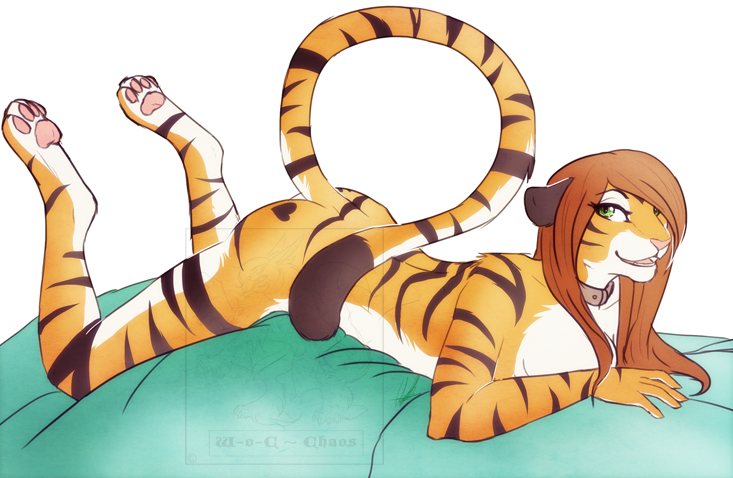 &lt;3 2013 anthro breasts cleavage clothed clothing collar feline female green_eyes looking_at_viewer lying mammal nude on_front solo tiger watermark wing-of-chaos