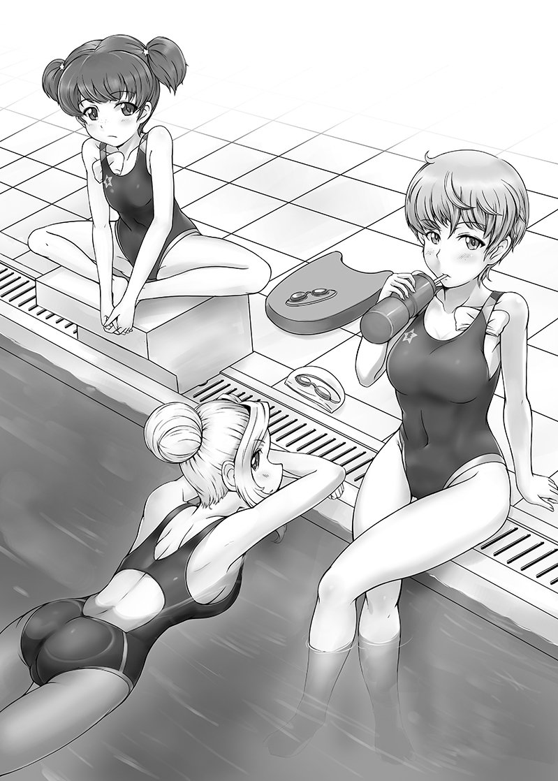 alisa_(girls_und_panzer) alternate_hairstyle ass breasts competition_swimsuit crossed_legs diving_block drain_(object) drinking floating freckles girls_und_panzer goggles goggles_removed greyscale groin_tendon hair_up holding_feet in_swimsuit kay_(girls_und_panzer) kickboard medium_breasts monochrome multiple_girls naomi_(girls_und_panzer) one-piece_swimsuit pool poolside protected_link short_hair sideboob solokov_(okb-999) swim_cap_removed swimsuit tile_floor tiles very_short_hair