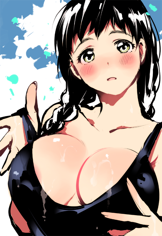 areola_slip areolae black_hair blush braid breasts cleavage green_eyes hair_over_shoulder large_breasts looking_at_viewer original parted_lips solo twin_braids uekan