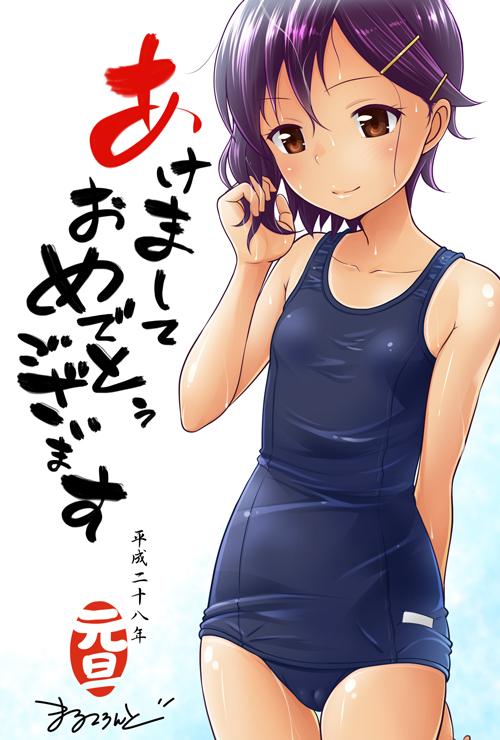 arm_behind_back bad_id bad_twitter_id brown_eyes cameltoe hair_ornament hairclip inactive_account marukorondo old_school_swimsuit one-piece_swimsuit original purple_hair school_swimsuit short_hair smile solo swimsuit wet