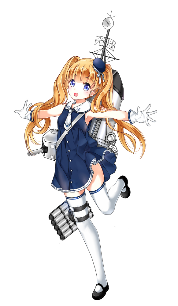 blonde_hair blue_eyes commentary_request gloves hat long_hair looking_at_viewer mana_(418208360) mini_hat official_art personification rigging sleeveless smile solo thatcher_(zhan_jian_shao_nyu) thighhighs twintails zhan_jian_shao_nyu