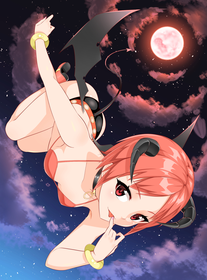 bare_shoulders bracelet cloud collarbone demon_girl demon_horns demon_tail demon_wings full_moon horns jewelry looking_at_viewer moon night original pink_hair red_eyes red_moon sky solo star_(sky) tail upside-down wings yasuto_(eria151)