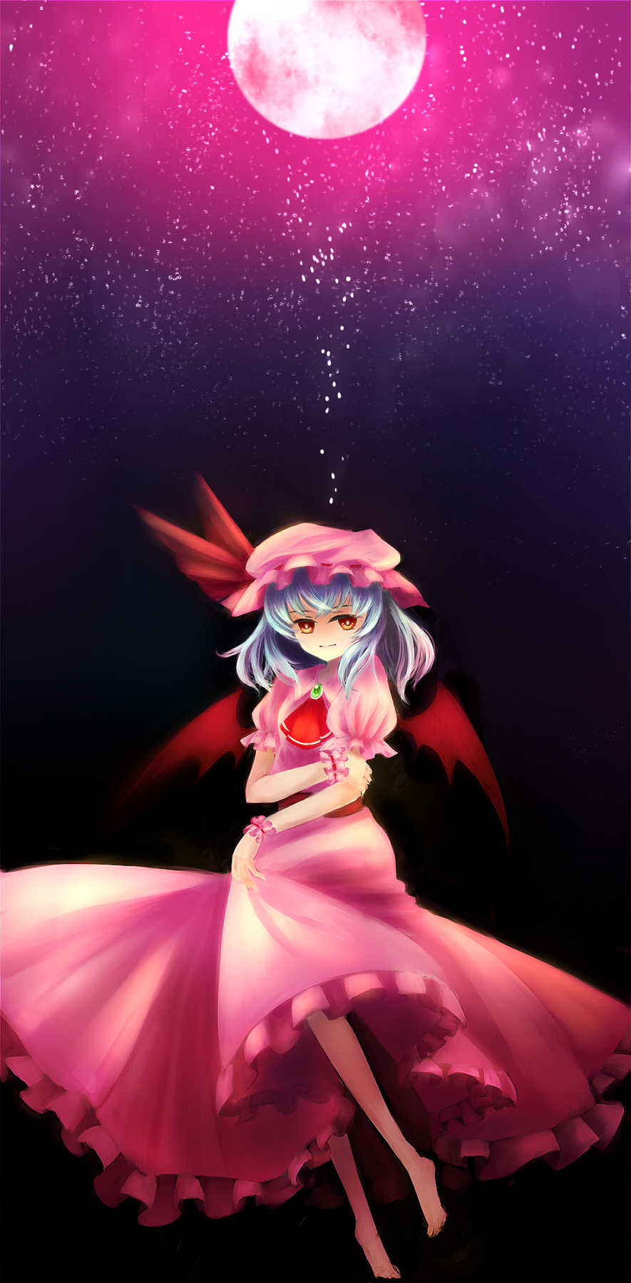 bad_id bad_pixiv_id barefoot bat_wings blue_hair dress full_moon hat highres holding_arm moon nora_(le-chat-noir) pink_dress red_eyes red_moon remilia_scarlet short_hair solo touhou wings