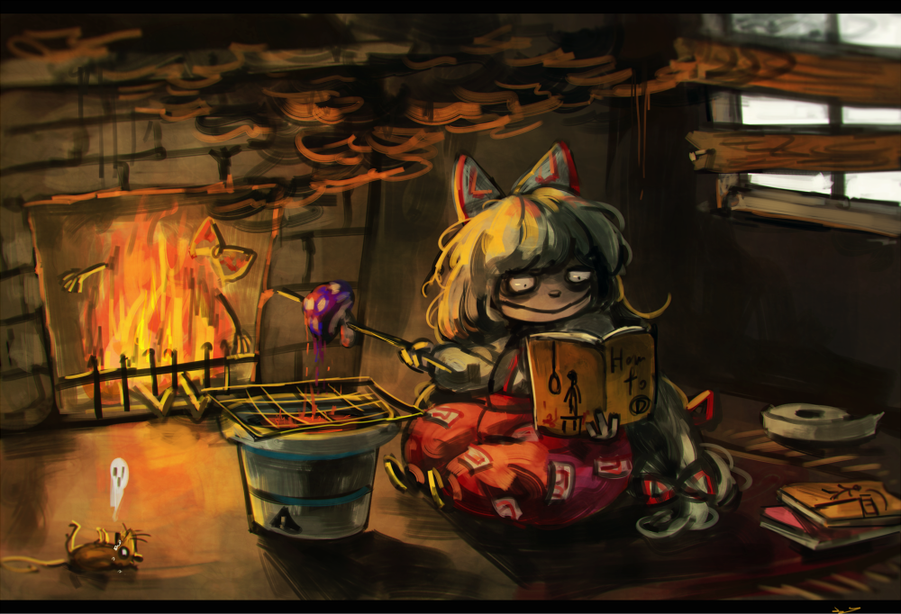 boarded_windows book bow burning carpet commentary cooking fire fireplace fujiwara_no_mokou giving_up_the_ghost grill hair_bow koto_inari long_hair mouse mushroom nail shichirin sitting smile smoke solo suspenders tape touhou very_long_hair white_hair window