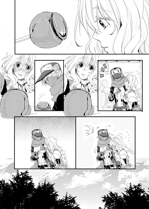 bad_pixiv_id blush bodysuit braid candy_apple comic food gloves greyscale hat hjm kyoukaisenjou_no_horizon long_hair mary_stuart monochrome scar scarf silent_comic single_braid spoilers tenzou_crossunite very_long_hair