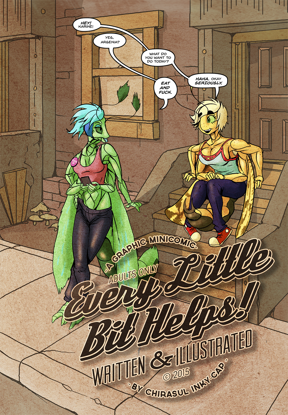 2015 4_arms abdomen antennae anthro antlion arsenia arthropod chirasul clothed clothing comic cover cover_page detailed_background dialogue digital_media_(artwork) duo english_text female graphic_novel hair hi_res insect karine mohawk moth multi_arm multi_limb mushroom mutt_moth open_mouth outside sitting slice_of_life smile standing text threadwing_antlion title wings