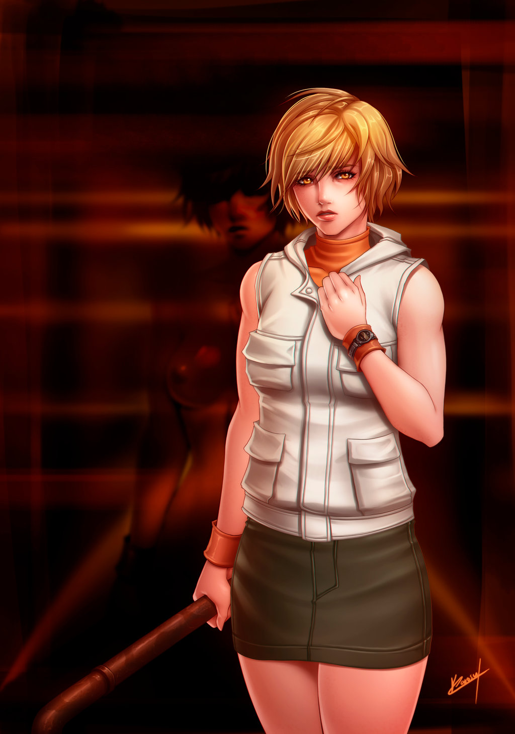 blonde_hair breasts heather_mason karosu-maker looking_at_viewer short_hair signature silent_hill silent_hill_3 skirt solo watch weapon wrist_watch wristband wristbands wristwatch yellow_eyes