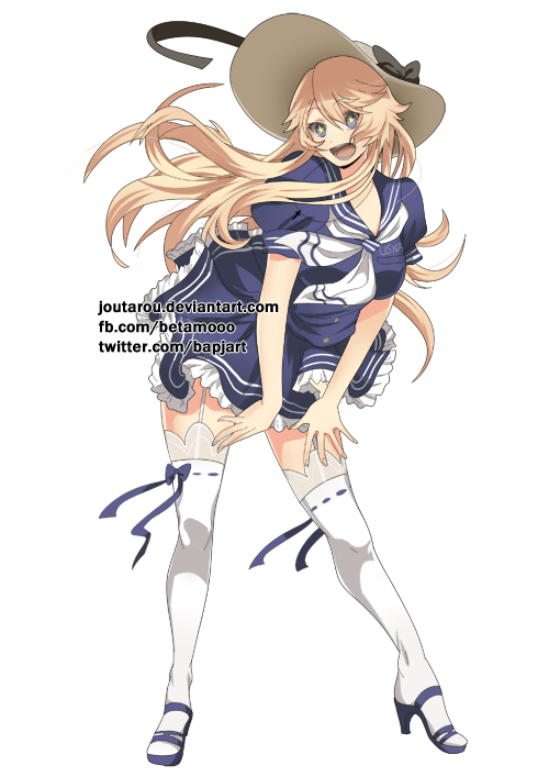 :d bangs beta_(joutarou) blonde_hair blue_dress blue_ribbon blush bow breasts commentary cosplay dress eyebrows eyebrows_visible_through_hair full_body garter_straps hair_between_eyes hat hat_bow high_heels impossible_clothes iowa_(kantai_collection) iowa_(pacific) iowa_(pacific)_(cosplay) kantai_collection lace lace-trimmed_dress large_breasts long_hair namesake neckerchief open_mouth pacific ribbon ribbon-trimmed_legwear ribbon_trim short_sleeves smile solo star star-shaped_pupils sun_hat symbol-shaped_pupils thighhighs transparent_background very_long_hair watermark white_legwear zettai_ryouiki